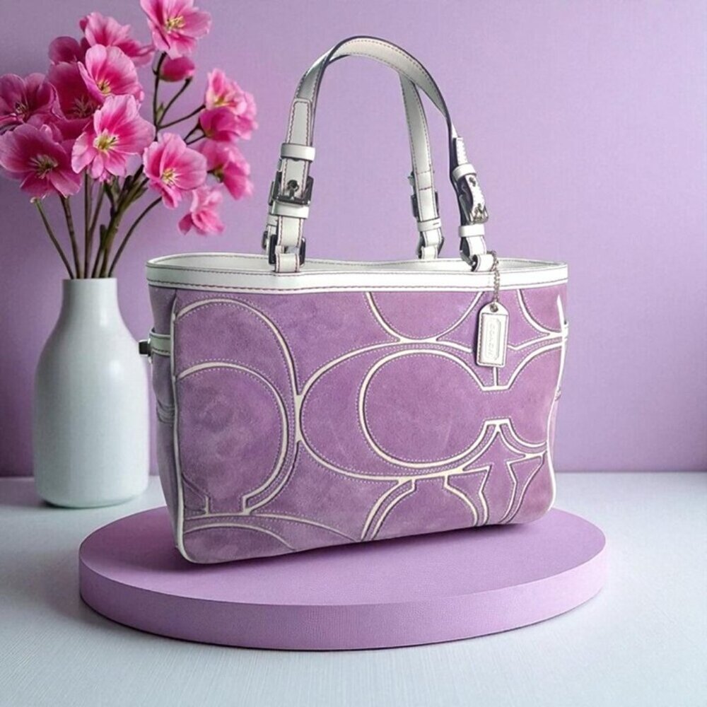 Vintage COACH Optic Signature Tote Handbag in purple Suede Y2K - Picture 6 of 11